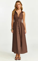 Ruby Midi Dress - Collared Button Down Gathered Waist Skirt Fit And Flare Dress in Dark Chocolate