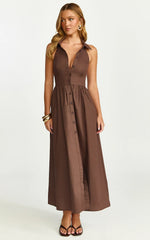 Ruby Midi Dress - Collared Button Down Gathered Waist Skirt Fit And Flare Dress in Dark Chocolate