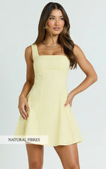 Adiana Mini Dress - Linen Square Neck Shirred Back A Line Dress in Lemon