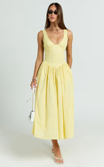 Beckett Midi Dress - Scoop Neck Drop V Waist Gathered Skirt Dress in Butter Yellow