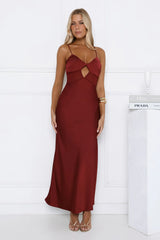 Sultry Satin Crisscross Back Midi Dress Burgundy