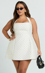 Dante Mini Dress - Halter Neck Tie Tulip Skirt Dress in White Polkadot