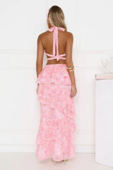 Tropical Bloom Halter Tiered Maxi Dress Pink