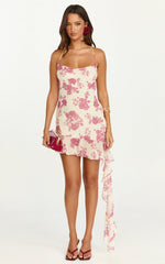 Lila Mini Dress - Cowl Neck Asymmetric Frill Skirt Dress in Toile De Joie Print