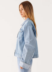 Back Again Oversized Denim Jacket - Light Wash Blue