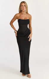 Phoebe Maxi Dress - Strapless Structured Bodice Drape Skirt Dress in Black