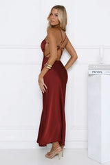 Sultry Satin Crisscross Back Midi Dress Burgundy