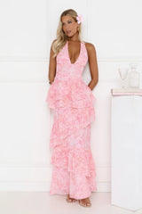 Tropical Bloom Halter Tiered Maxi Dress Pink