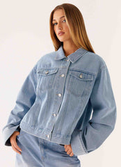 Back Again Oversized Denim Jacket - Light Wash Blue