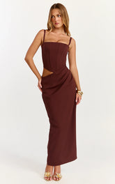 Jonas Maxi Dress - Strapless Corset Bodice Draped Waist Skirt Dress in Chocolate