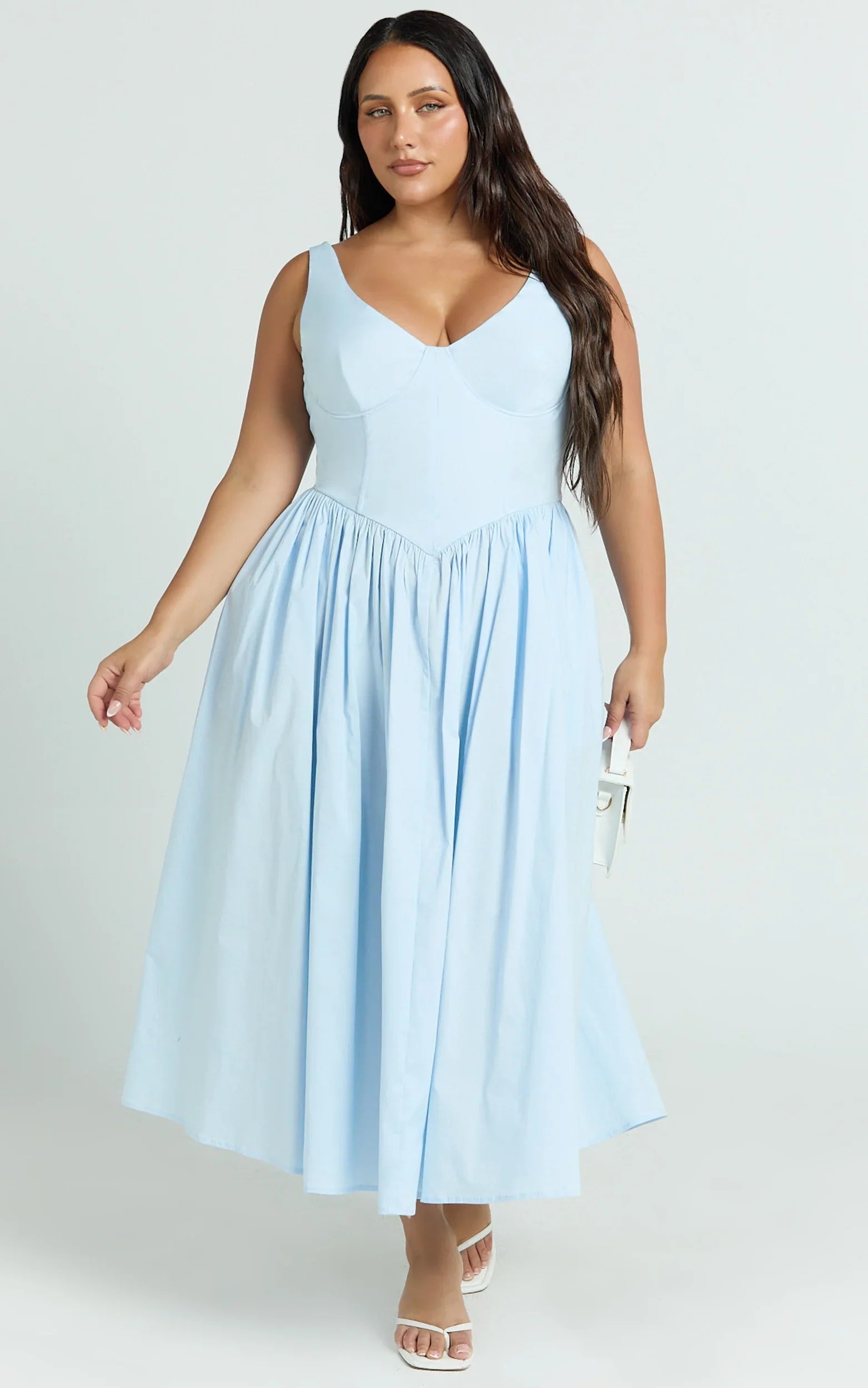 Beckett Midi Dress - Scoop Neck Drop V Waist Gathered Skirt Dress in Blue