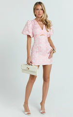 Diana Mini Dress - Jacquard Short Sleeve Cut Out Dress in Light Pink