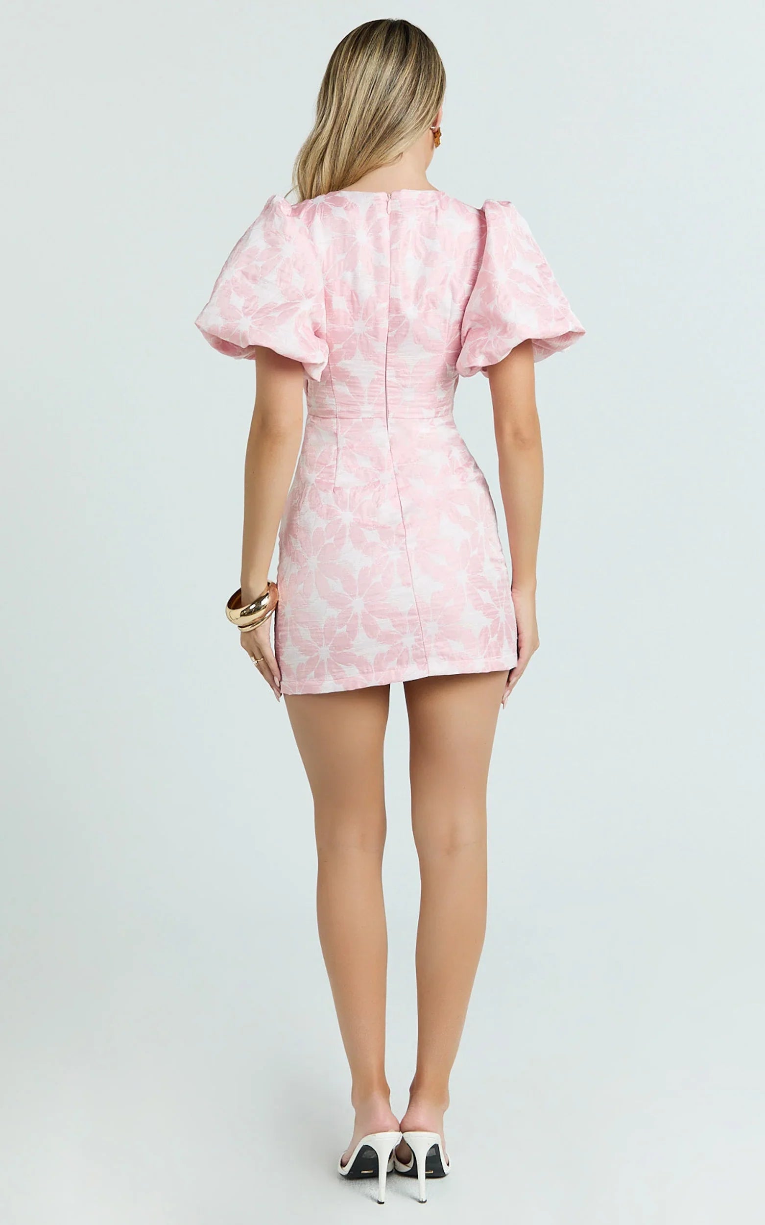 Diana Mini Dress - Jacquard Short Sleeve Cut Out Dress in Light Pink